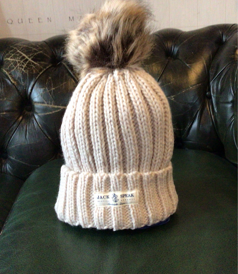 Knitted Faux Fur Pompom Hat Oatmeal - White Label