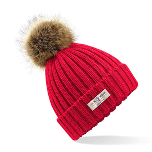 Knitted Faux Fur Pompom Hat Red - White Label