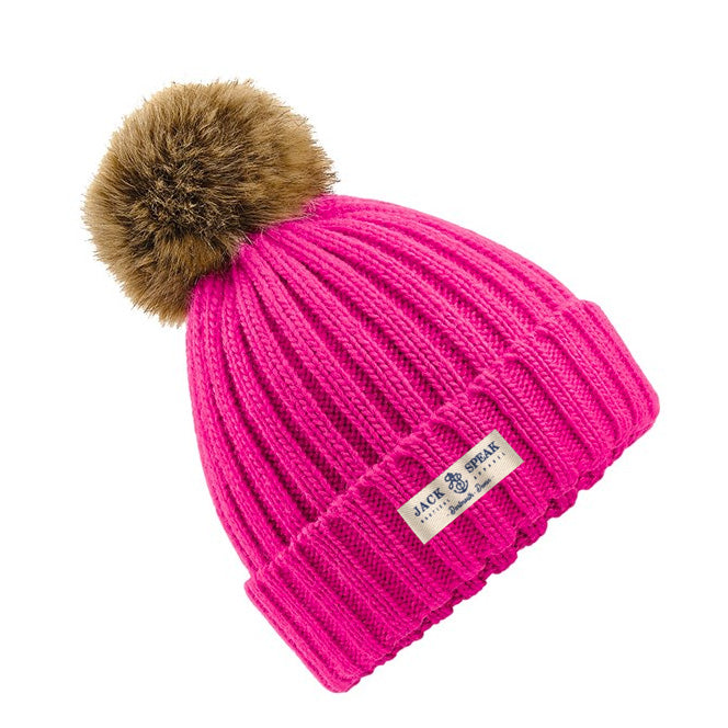 Knitted Faux Fur Pompom Hat - Pink white Label