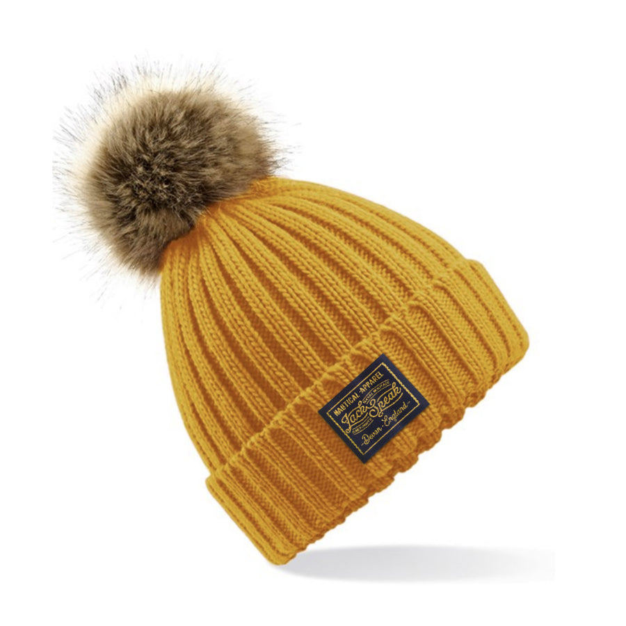 Knitted Faux Fur Pompom Hat Classic Label - Mustard