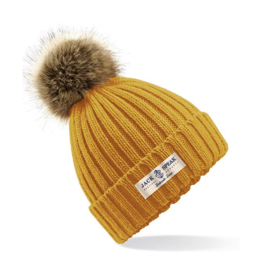 Knitted Faux Fur Pompom Hat Mustard - White Label
