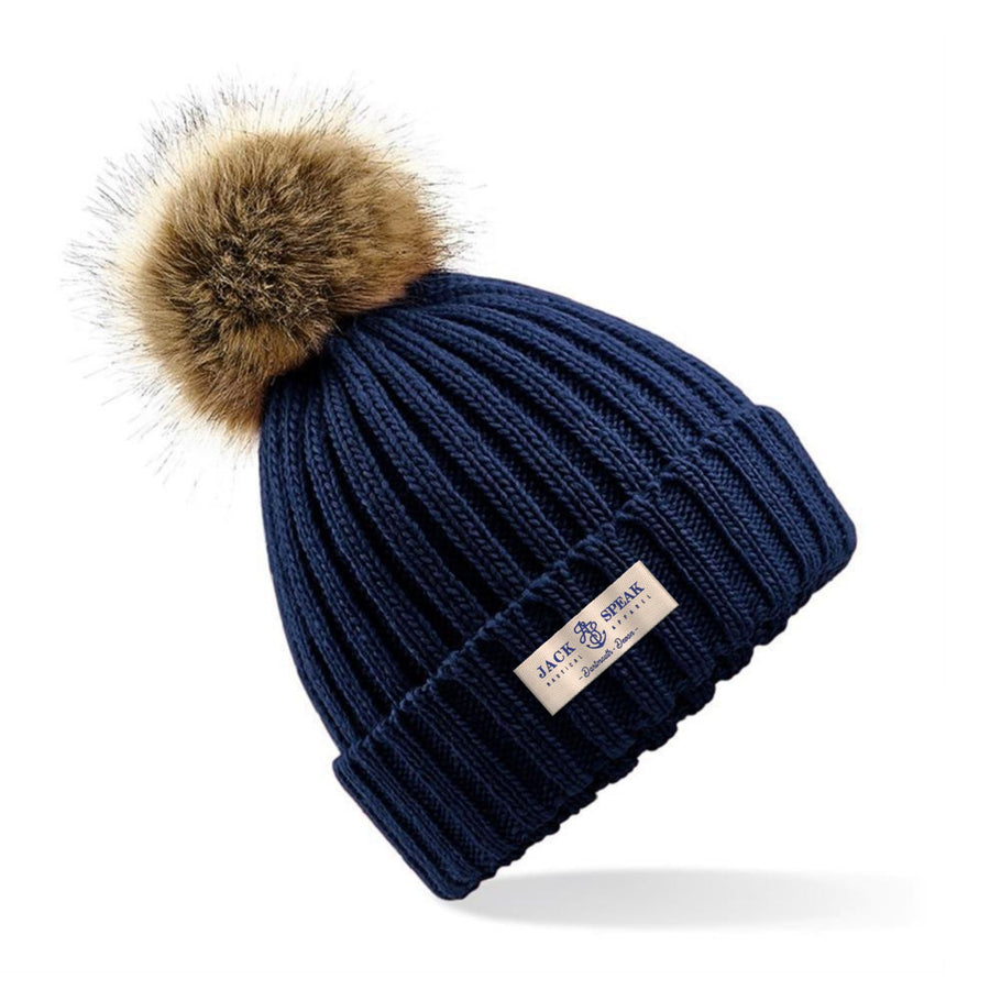 Knitted Faux Fur Pompom Hat Navy - White Label