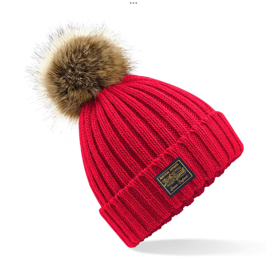 Knitted Faux Fur Pompom Hat Classic Label - Red