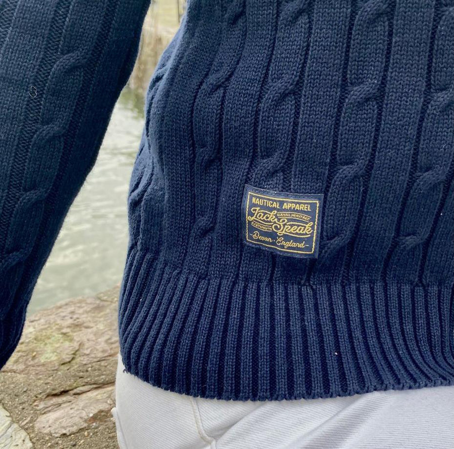 100% Cotton Cable Knit V-Neck Sweater - Navy